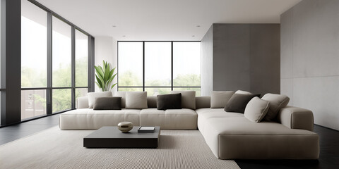 modern minimalist living room with large windows