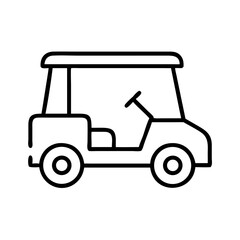 black outline icon of golf cart side view with steering wheel and roof, minimal vector design, tournament transport vehicle for golf course