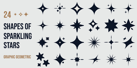 Sparkling stars are symmetrical shapes with pointed rays radiating outward, often in 4, 6, or 8 points, symbolizing shine, magic, or a festive twinkle.