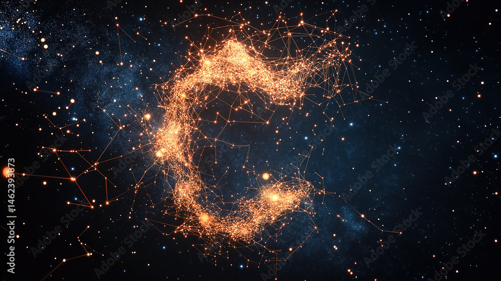 Poster hyper-realistic stars and constellations forming a c, connected by lines on a deep black background
