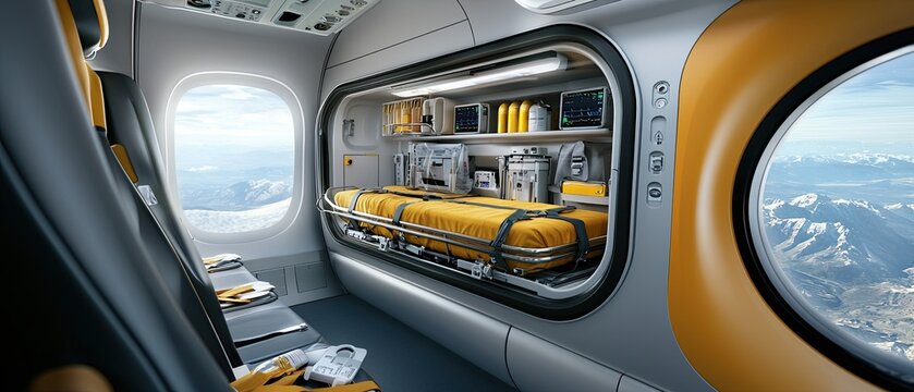 A cutaway view of the interior of an air ambulance, showcasing the specialized medical equipment and layout designed for critical care and emergency transport.