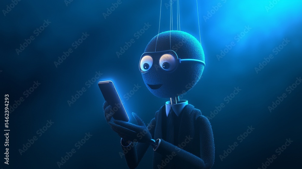 Poster digital puppet character interacting with smartphone in dramatic blue light