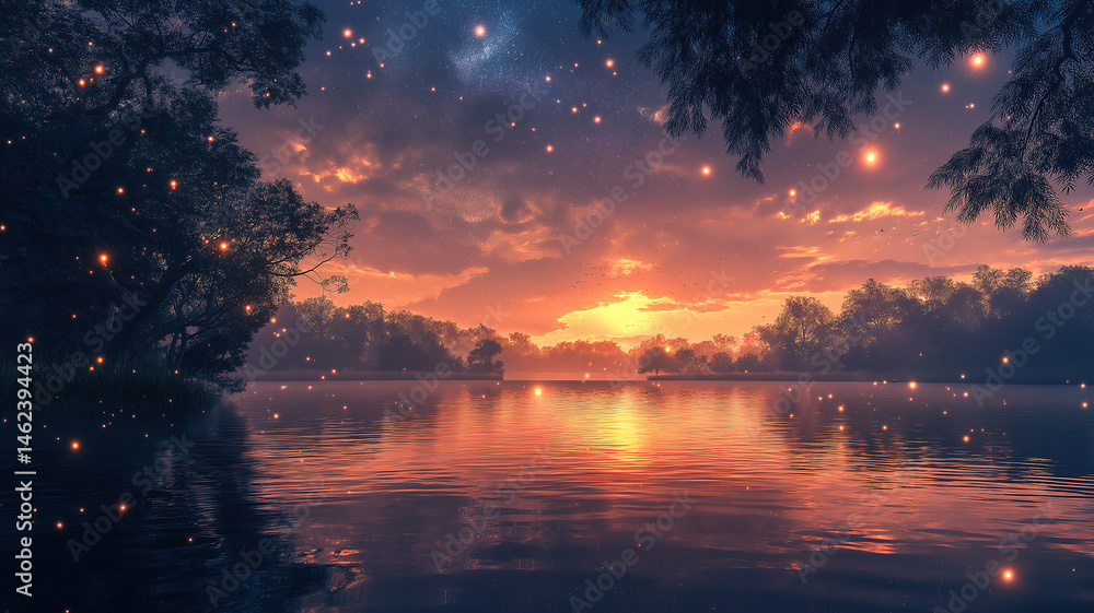 Poster starry river views with soft reflections, creating a peaceful and tranquil atmosphere