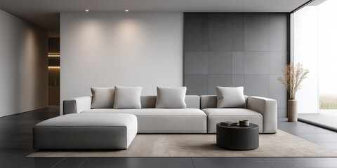 modern minimalist living room with large windows