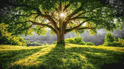 Fototapeta premium Majestic tree in a sunlit landscape
