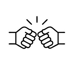 black and white line icon of two fists bumping in greeting or celebration, vector style, symbol of sportsmanship and unity at golf tournament
