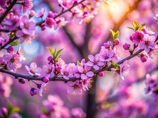 Stunning Bokeh Photo of a Plum Tree in Bloom, Vibrant Purple Blossoms and Soft Focus Background