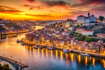 Obraz premium Stunning Bokeh View of Porto, Portugal's Ribeira District at Sunset