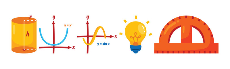 Engaging math concept visualization with equations, cylinder, bulb and protractor