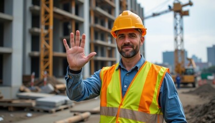 Construction worker waving friendly hello at urban building site daytime photography professional environment