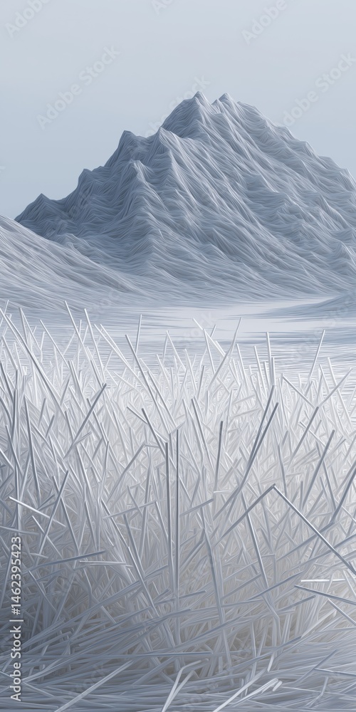 Poster a mountain range covered in snow and a field of grass. concept of isolation and tranquility, as the 
