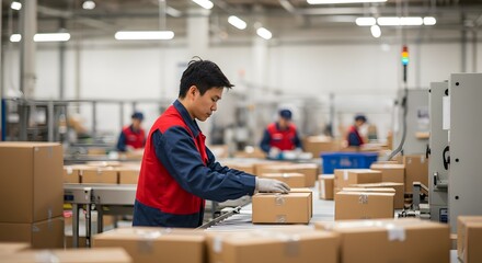 Warehouse Worker Packaging Products on Assembly Line Efficient Logistics and Distribution in Modern Factory