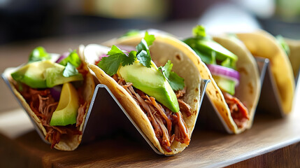 Close-up of pulled pork tacos adorned with avocado and crisp lettuce, displayed on a stylish wooden table,.celebrating National Taco Day