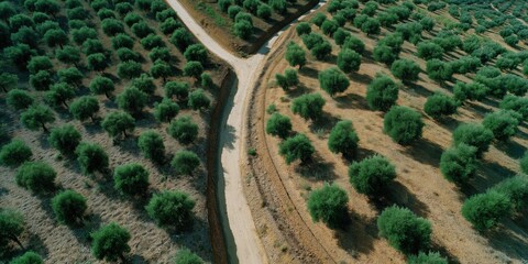 A road runs through a field of olive trees. The trees are green and the field is dry