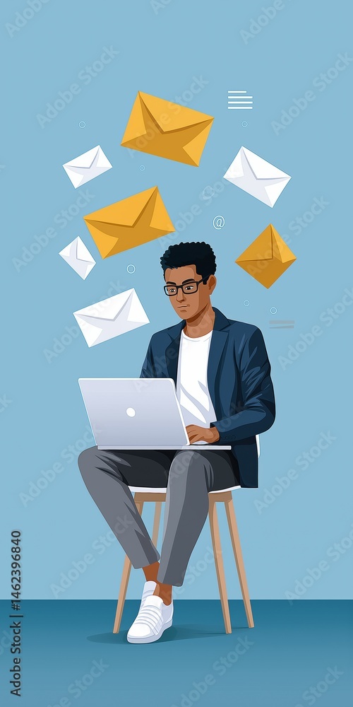 Poster a man is sitting in front of a laptop computer, surrounded by a large number of envelopes. concept o