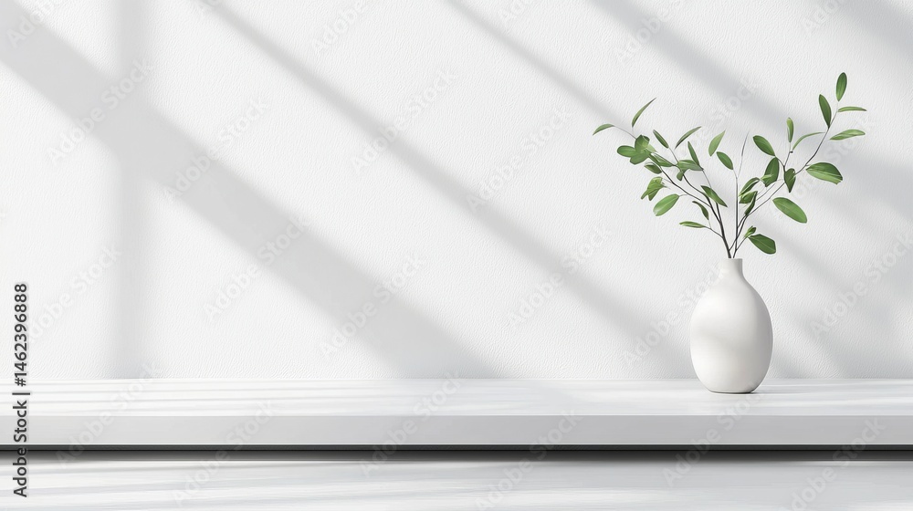 Poster minimalist interior with soft silver light streaming through a window illuminating a white shelf wit