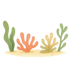 Colorful coral reef illustration with green red and yellow marine plants on sandy seabed