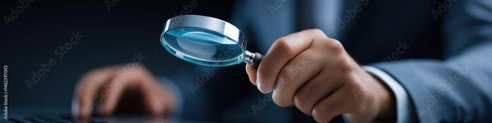 Poster a man is holding a magnifying glass and looking at something on a computer screen. concept of curios