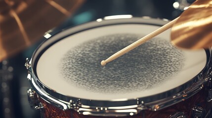 Obraz premium Close-up view of a drumhead being struck by a drumstick.