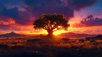 Naklejka premium Solitary tree at vibrant sunset over a grassy plain