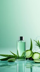 A refreshing aloe vera essence bottle surrounded by fresh leaves, evoking tranquility and natural beauty in a serene setting.