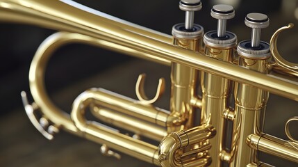 Fototapeta premium Polished brass trumpet instrument close-up details.