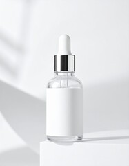 A sleek glass bottle of serum, elegantly designed, sits atop a pristine white box, showcasing its luxurious branding and inviting potential buyers.