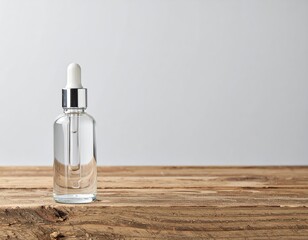 Naklejka premium A sleek glass bottle of serum, elegantly labeled, rests on a rustic wooden table, surrounded by soft natural light that highlights its glossy surface.