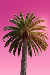 Fototapeta premium A tall palm tree is the main focus of this image, standing tall and proud in a pink background. The pink color of the background creates a warm and inviting atmosphere