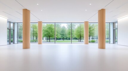 Fototapeta premium Spacious, modern, light-filled atrium. Large windows offer expansive park views. Clean lines and minimalist design