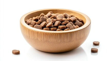 Fototapeta premium Brown dog food kibble in a wooden bowl