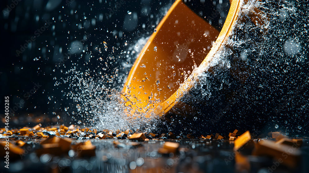 Poster a dynamic image captures water splashing from a yellow bowl. the composition is dramatic showcasing 