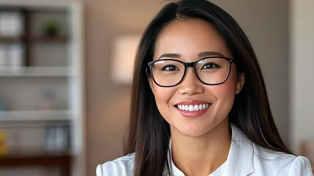 Professional woman smiles confidently in modern office setting while showcasing expertise and approachability during working hours
