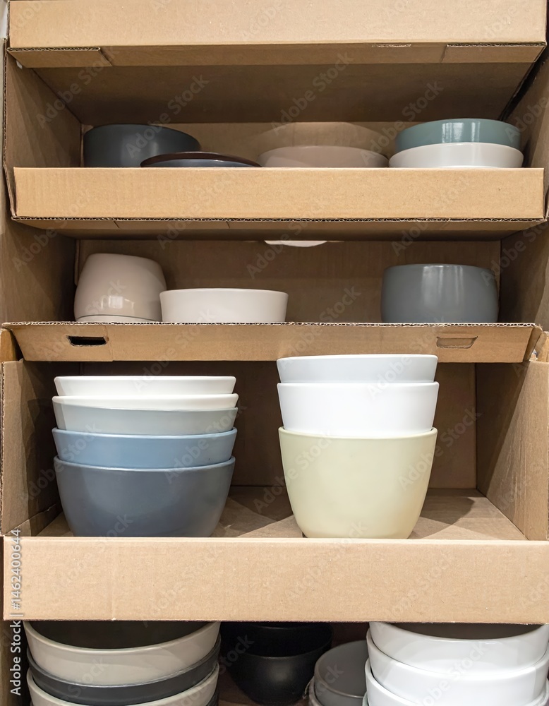 Poster a cardboard box overflowing with an assortment of colorful ceramic bowls and cups, showcasing variou