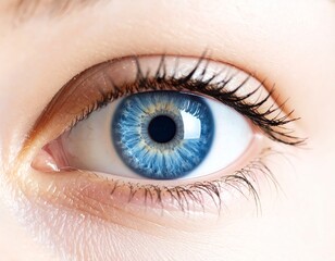 Woman eye close view over white background, ophthalmic or cosmetic treatment concept