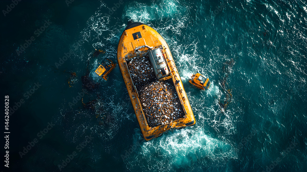 Poster aerial view shows a large yellow barge loaded with rocks alongside two smaller yellow excavators in 