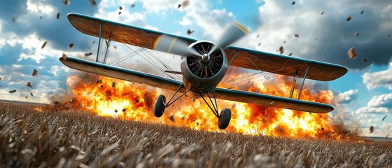 A dramatic depiction of a vintage biplane in flames after a catastrophic crash, with wreckage and debris scattered across the scene.