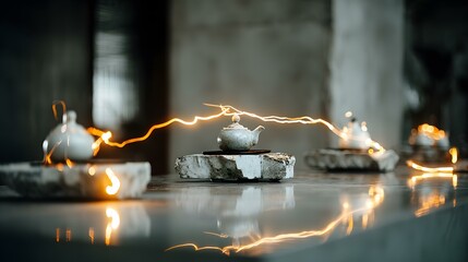 of glowing fluid-handling devices morphing into plant-like structures dripping nectar-like substances