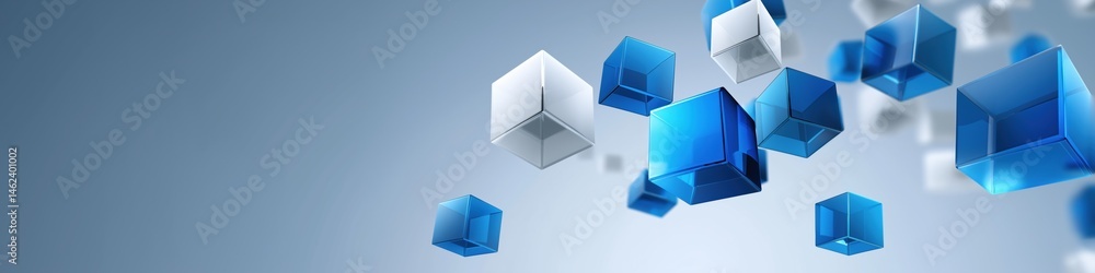 Poster a blue and white image of cubes in the air. the image is abstract and has a modern feel to it