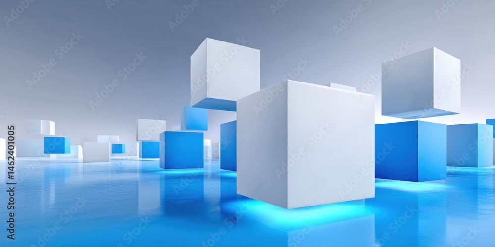 Poster a blue and white cube wall with many cubes. the cubes are arranged in a way that they look like they