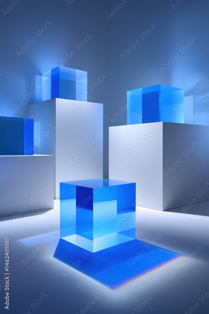 Poster a series of blue cubes are arranged in a room. the cubes are all different sizes and are placed on t