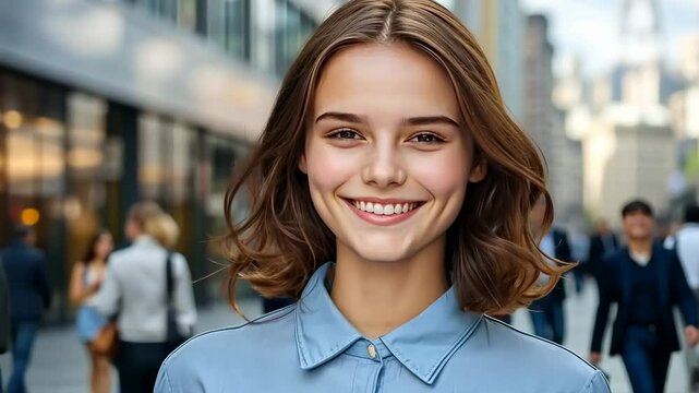 Young woman smiles confidently in a bustling city during daylight, showcasing joyful moment in urban life