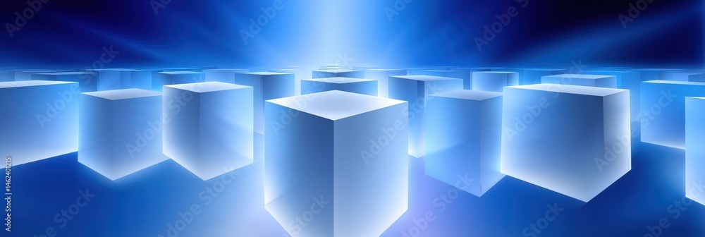 Poster a blue background with many white cubes. the cubes are arranged in a grid pattern. the image has a f
