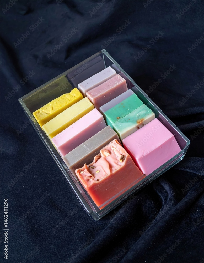 Poster a beautifully arranged box of artisanal soaps featuring an array of vibrant colors and unique shapes