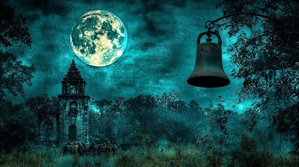 A haunting scene of a forgotten church under a luminous moon, with a bell tolling in the dark.