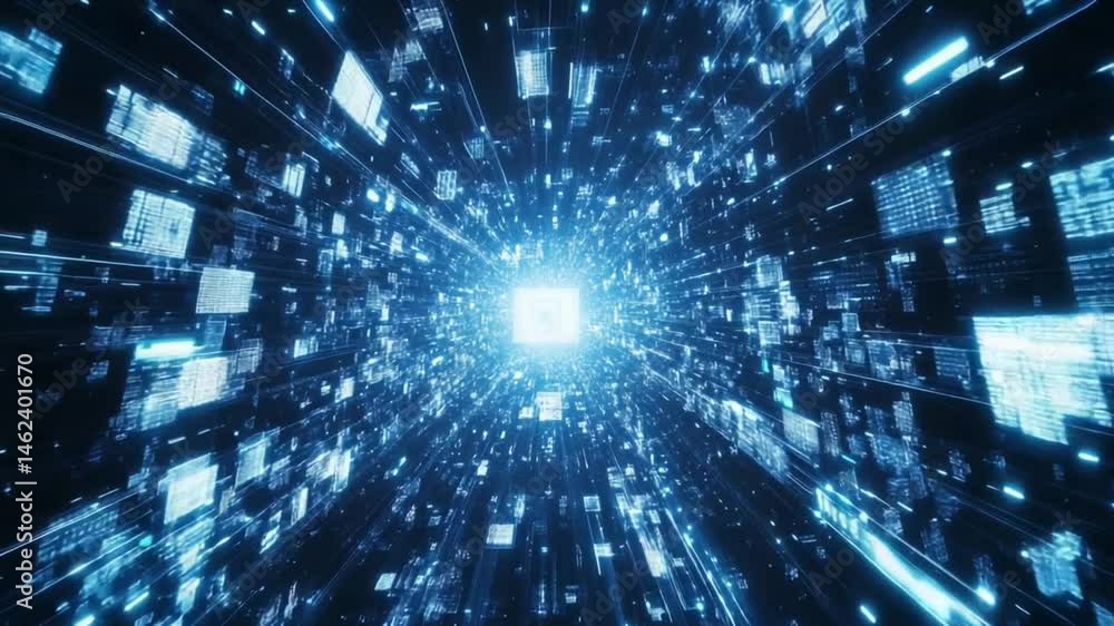 Poster futuristic digital tunnel with data stream: high-tech innovation and visualization