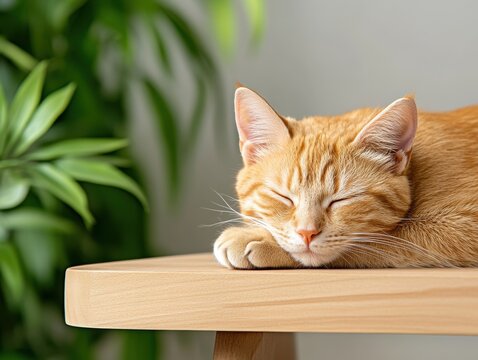 Orange tabby cat asleep on light-colored wooden surface, beside leafy plant - Powered by Adobe