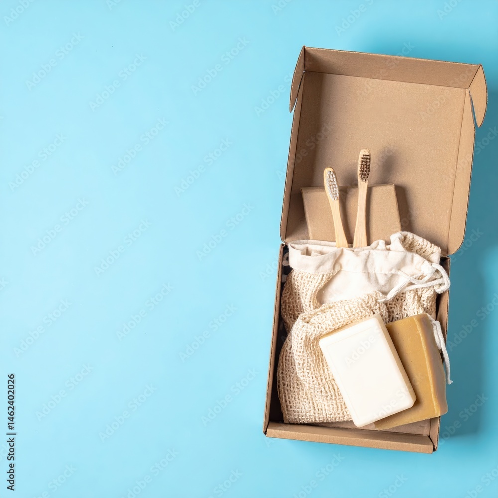 Poster a neatly arranged box filled with colorful toothbrushes, fragrant soap bars, and various personal ca
