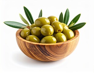 Wooden bowl of fresh green olives over white background