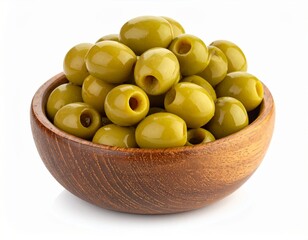 Wooden bowl of fresh green olives over white background